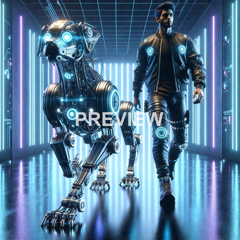 A man in a futuristic black leather jacket walks alongside a highly advanced, glowing robotic dog inside a high-tech, neon-lit corridor.